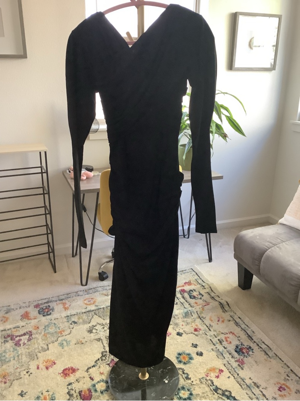 Long-Sleeve Black Wrap-Style Maxi Dress